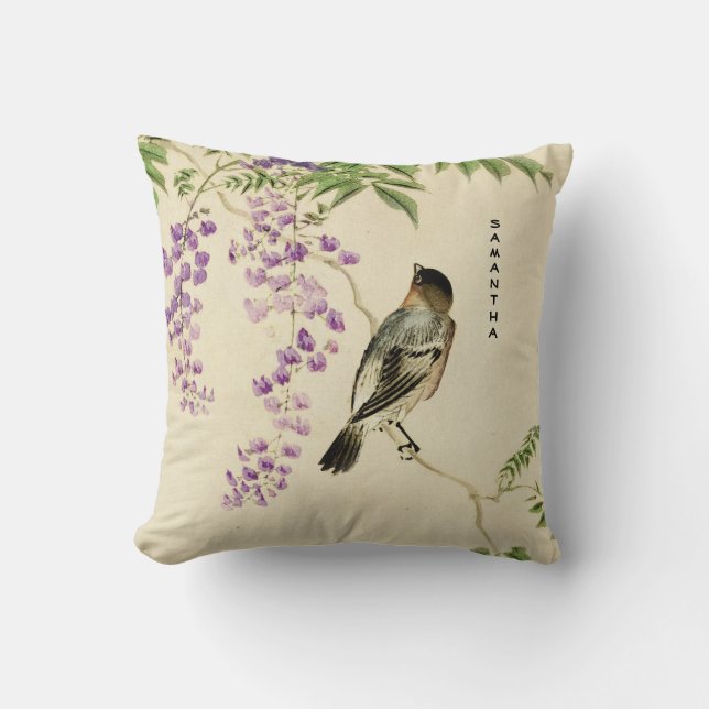 Japanese Vintage Lilac Sparrow Throw Pillow (Front)