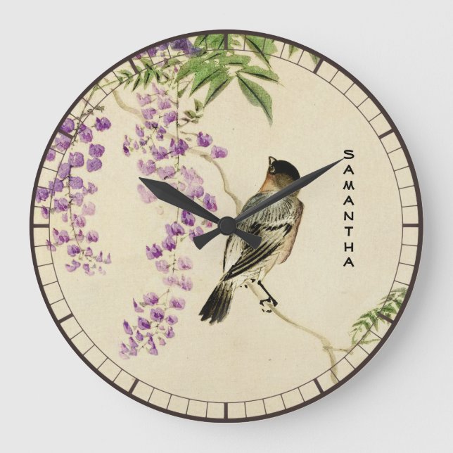 Japanese Vintage Lilac Sparrow Wall Clock (Front)