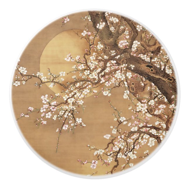 Japanese vintage plum blossoms in moonlight ceramic knob (Front)