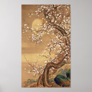 Japanese vintage plum blossoms in moonlight poster