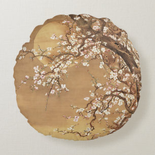 Japanese vintage plum blossoms in moonlight round cushion