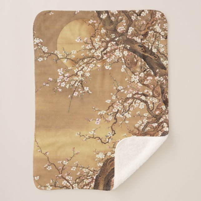 Japanese vintage plum blossoms in moonlight sherpa blanket (Front)