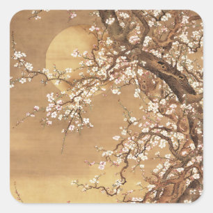 Japanese vintage plum blossoms in moonlight square sticker
