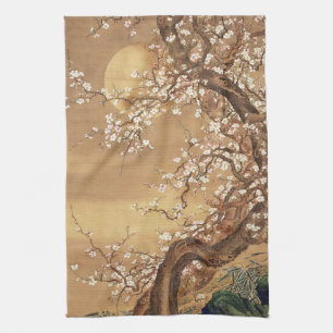Japanese vintage plum blossoms in moonlight tea towel