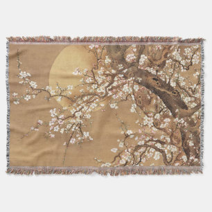 Japanese vintage plum blossoms in moonlight throw blanket