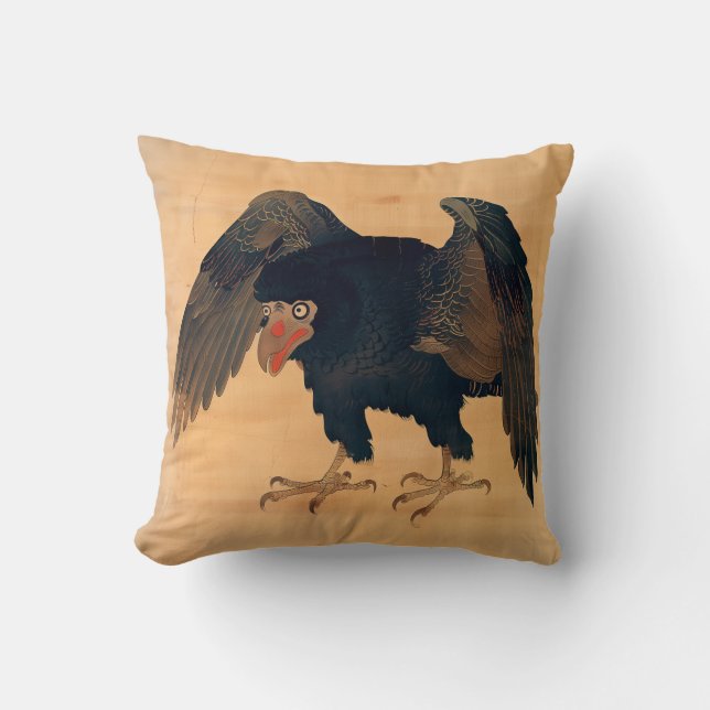 Japanese Vintage Style Crow Art Throw Pillow (Front)