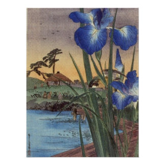 Japanese vintage ukiyo-e blue iris and bird scene poster
