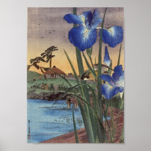 Japanese vintage ukiyo-e blue iris and bird scene poster