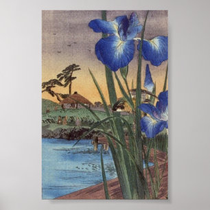 Japanese vintage ukiyo-e blue iris and bird scene poster