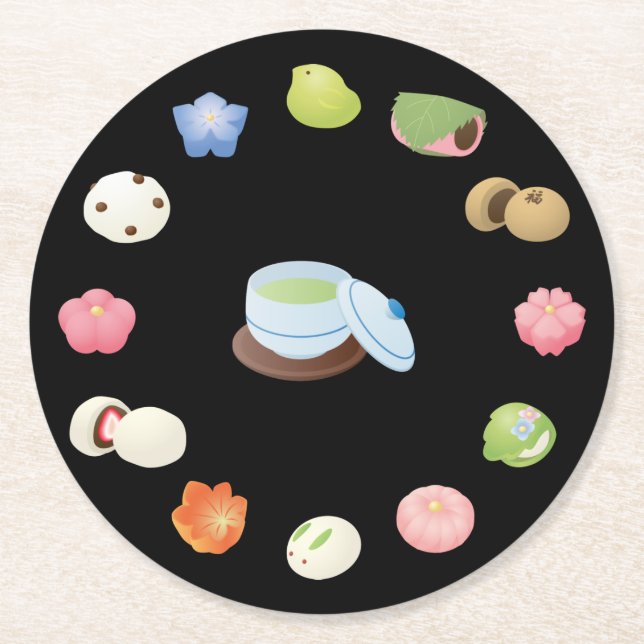 Japanese Wagashi Sweets Round Paper Coaster (Front)