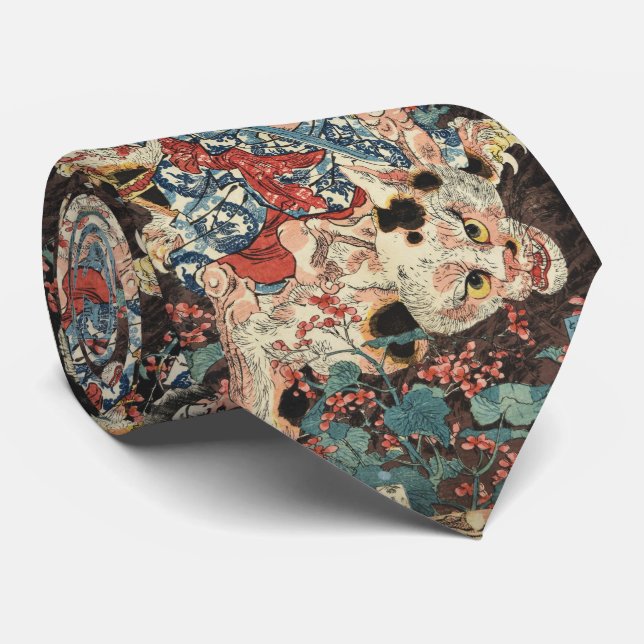 JAPANESE WARRIOR KILLING A MONSTROUS CAT Ukiyoe Tie (Rolled)