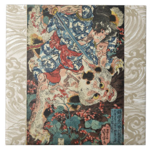 JAPANESE WARRIOR KILLING A MONSTROUS CAT Ukiyoe Tile