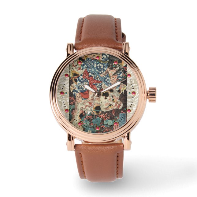JAPANESE WARRIOR KILLING A MONSTROUS CAT Ukiyoe Watch (Front)