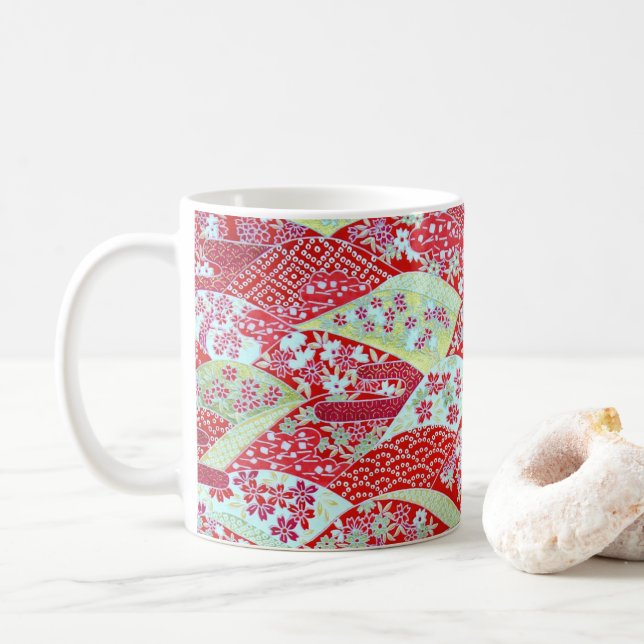 Japanese Washi Art Red Floral Origami Yuzen Coffee Coffee Mug (With Donut)