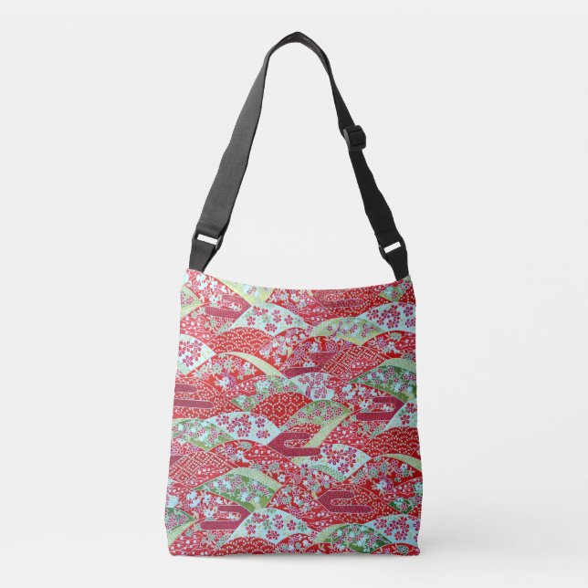 Japanese Washi Art Red Floral Origami Yuzen Crossbody Bag (Front)