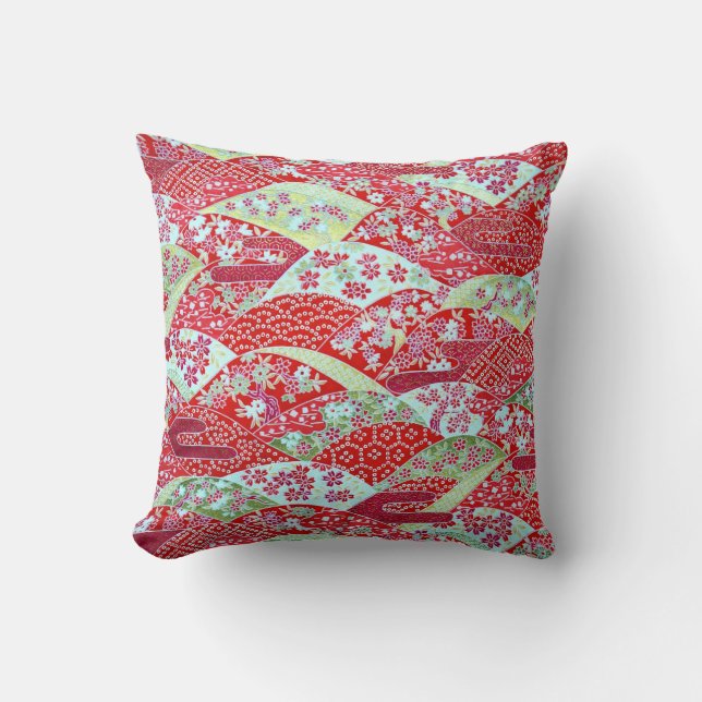 Japanese Washi Art Red Floral Origami Yuzen Pillow (Front)