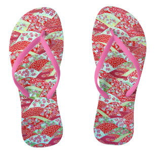 Japanese Washi Art Red Floral Origami Yuzen Pink Flip Flops
