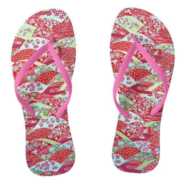 Japanese Washi Art Red Floral Origami Yuzen Pink Flip Flops (Footbed)