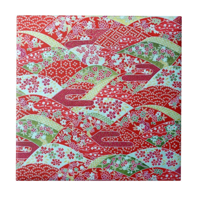 Japanese Washi Art Red Floral Origami Yuzen Tile (Front)