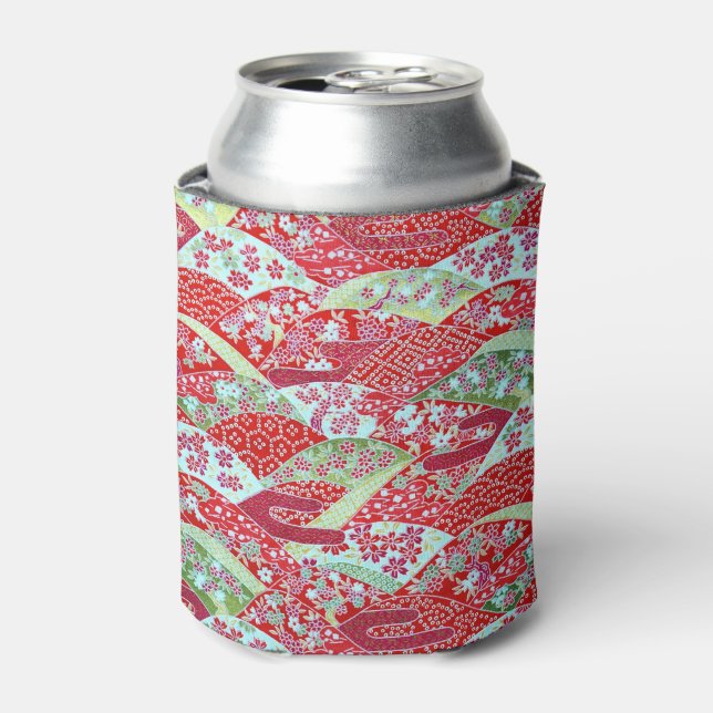 Japanese Washi Red Floral Origami Yuzen Can Cooler (Can Front)