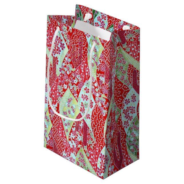 Japanese Washi Red Floral Origami Yuzen Gift Bag (Back Angled)