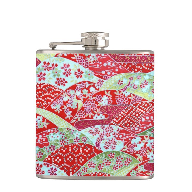Japanese Washi Red Floral Origami Yuzen Hip Flask (Front)
