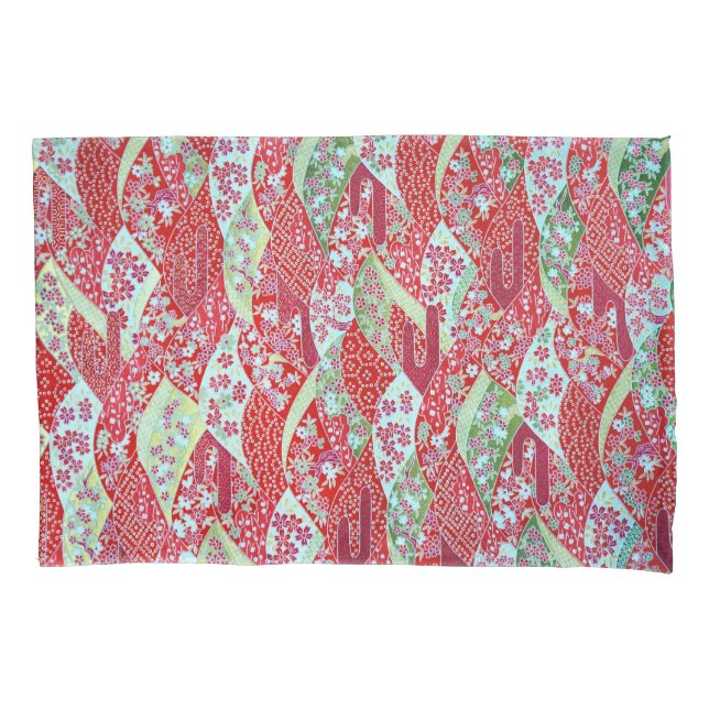Japanese Washi Red Floral Origami Yuzen Pillowcase (Front)