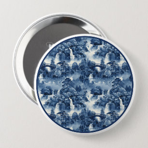 Japanese water garden in a blue white porcelain 10 cm round badge