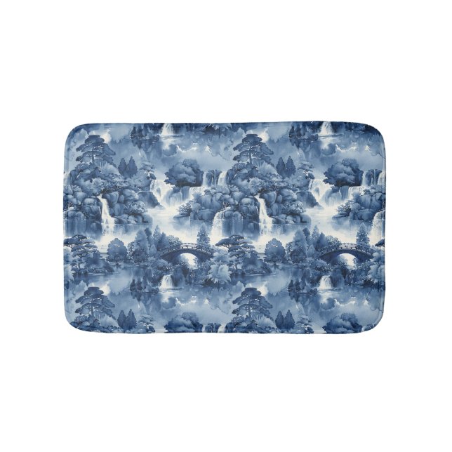 Japanese water garden in a blue white porcelain bath mat (Front)