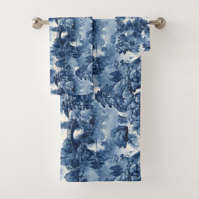 Japanese water garden in a blue white porcelain bath towel set (Insitu)