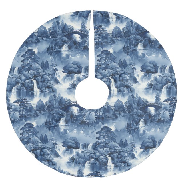 Japanese water garden in a blue white porcelain brushed polyester tree skirt (Front)