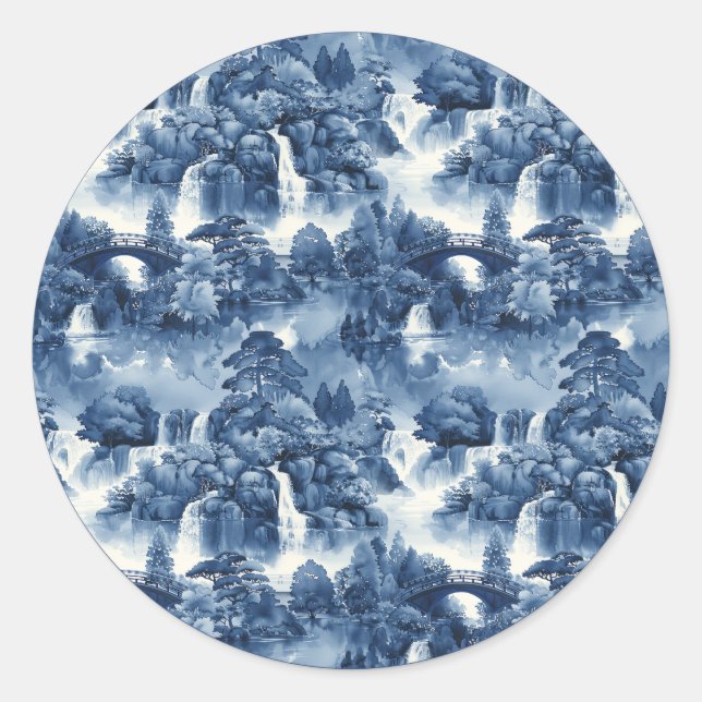 Japanese water garden in a blue white porcelain classic round sticker (Front)