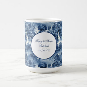 Japanese water garden in a blue white porcelain coffee mug