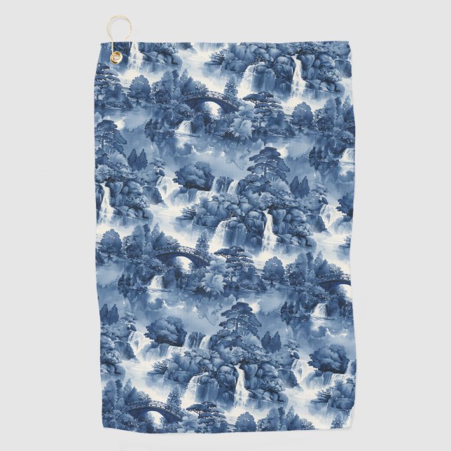 Japanese water garden in a blue white porcelain golf towel (Front)