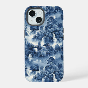 Japanese water garden in a blue white porcelain iPhone 15 case