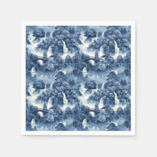 Japanese water garden in a blue white porcelain napkin