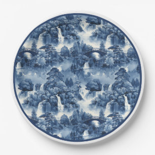 Japanese water garden in a blue white porcelain paper plate