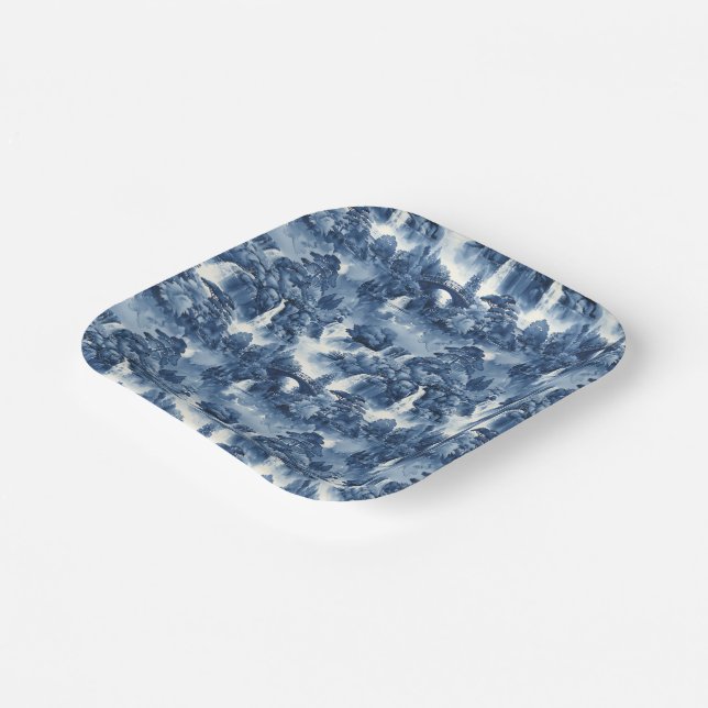Japanese water garden in a blue white porcelain paper plate (Angled)