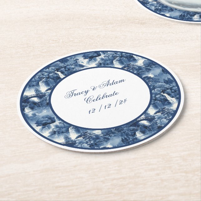 Japanese water garden in a blue white porcelain round paper coaster (Angled)