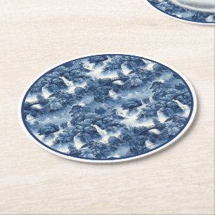 Japanese water garden in a blue white porcelain round paper coaster