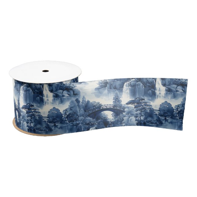 Japanese water garden in a blue white porcelain satin ribbon (Spool)