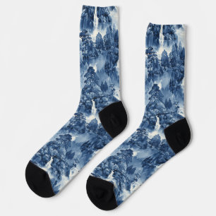 Japanese water garden in a blue white porcelain socks