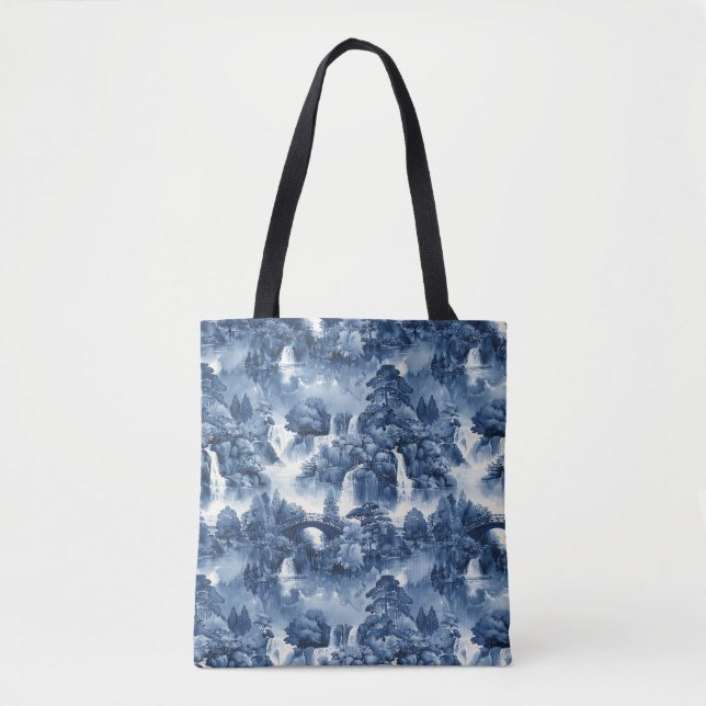 Japanese water garden in a blue white porcelain tote bag (Front)