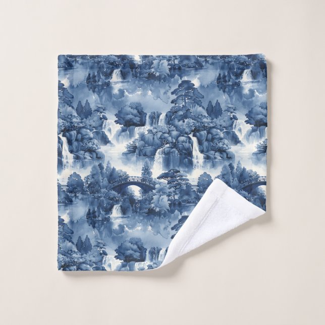 Japanese water garden in a blue white porcelain wash cloth (Wash Cloth)