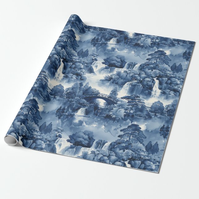 Japanese water garden in a blue white porcelain wrapping paper (Unrolled)