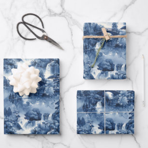 Japanese water garden in a blue white porcelain wrapping paper sheet