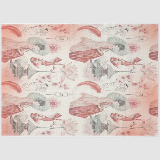 Japanese Watercolor Art Girl and Koi Fish Tissue Paper (Front)
