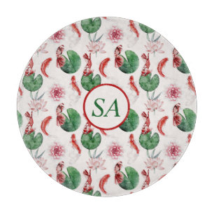 Japanese Watercolor Art Koi Fish Lotus Lily Pad Cutting Board