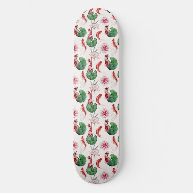 Japanese Watercolor Art Koi Fish Lotus Lily Pad Skateboard (Front)