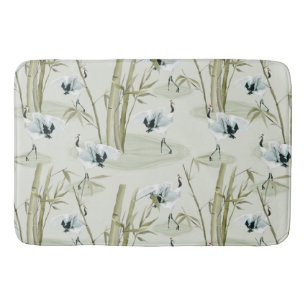 Japanese Watercolor Asian Art Bamboo Bird Pattern Bath Mat